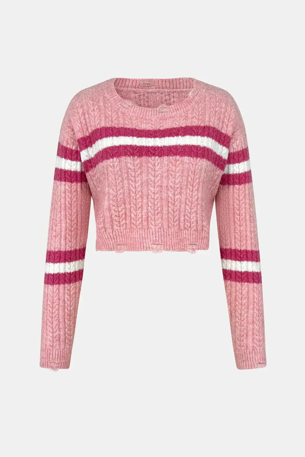 Cable-Knit Striped Dropped Shoulder Sweater in pink with white and red stripes, featuring a cropped design and long sleeves.