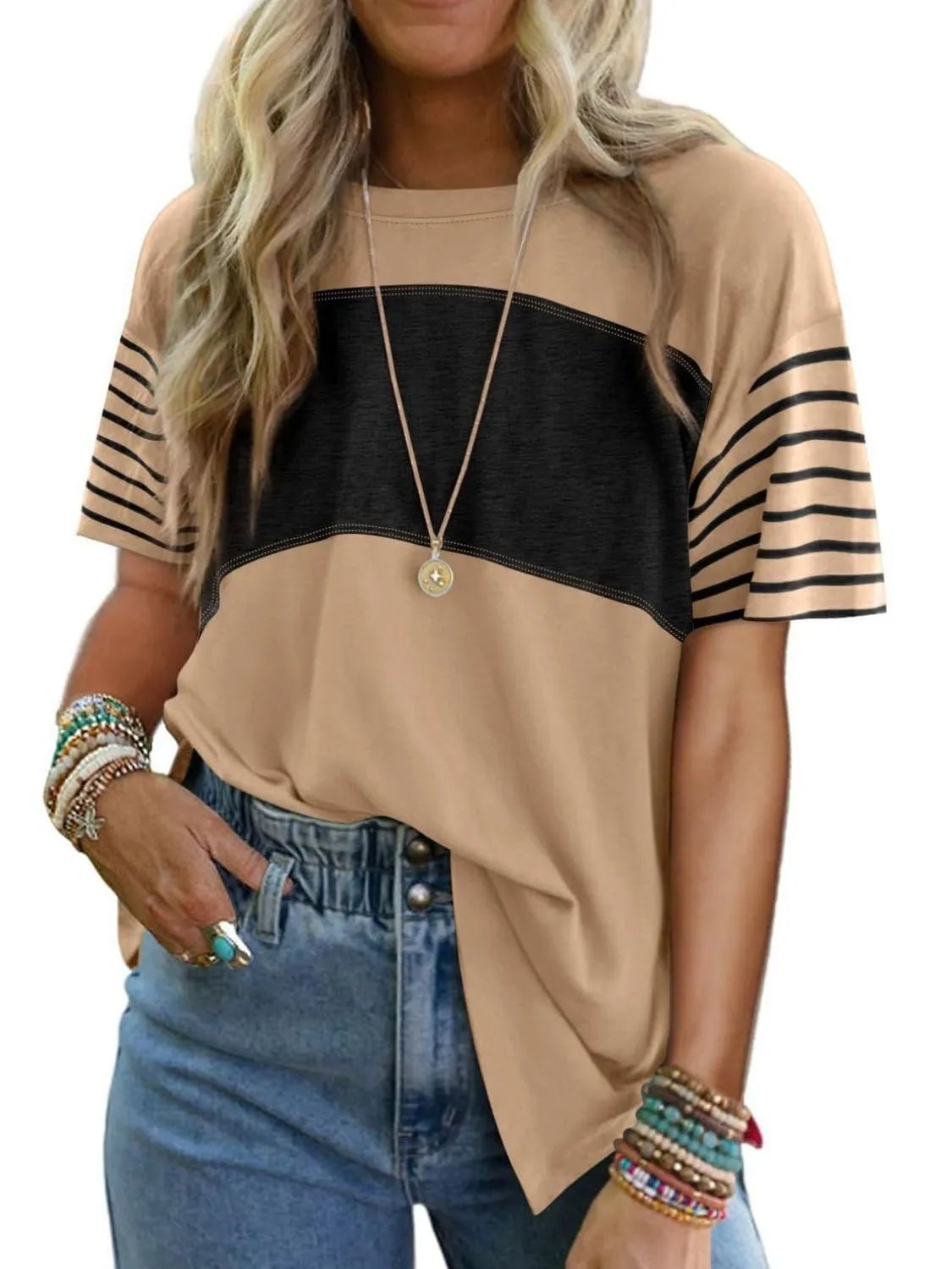 Casual Color Block Tee with Contrast Stripe Sleeves | Elegant Urban Tank Top – Machello
