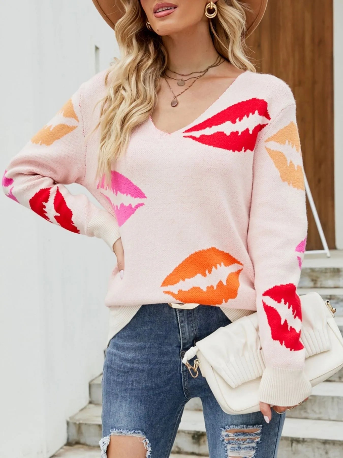Colorful Lips V - Neck Sweater | Elegant Urban Tank Top – Machello
