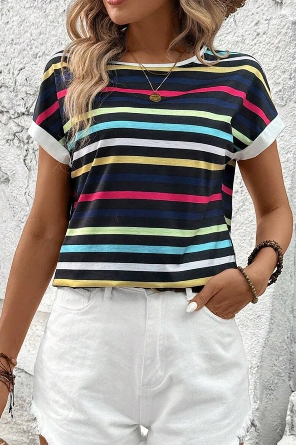Colorful Striped Short Sleeve Casual T-Shirt – Basic Style with a Modern Twist | Elegant Urban Tank Top – Machello