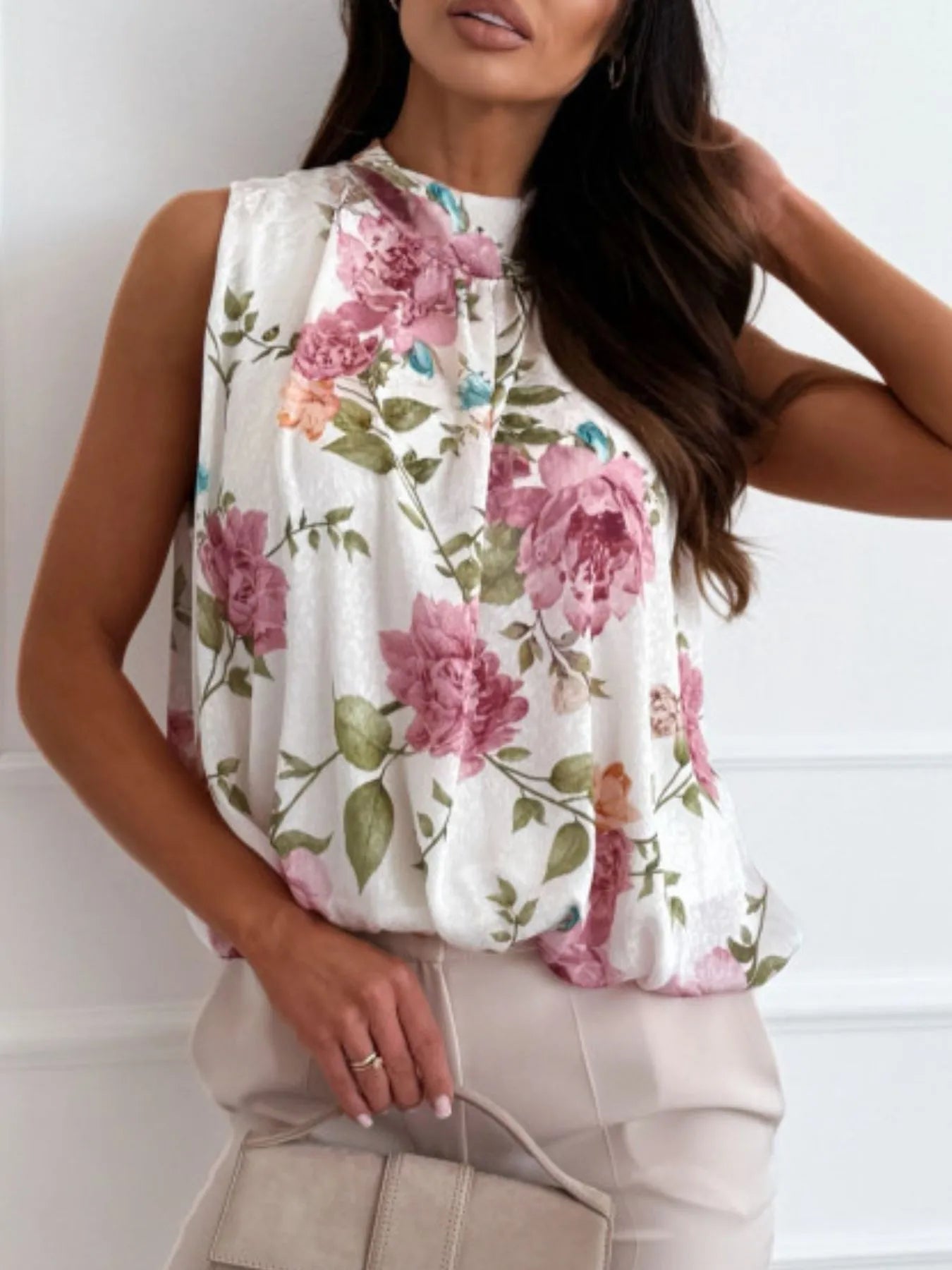 Floral Mock Neck Sleeveless Blouse – Elegant Tie Detail, No Stretch | Elegant Urban Tank Top – Machello