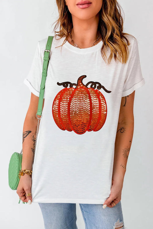 Full Size Sequin Pumpkin Round Neck Short Sleeve T-Shirt | Elegant Urban Tank Top – Machello