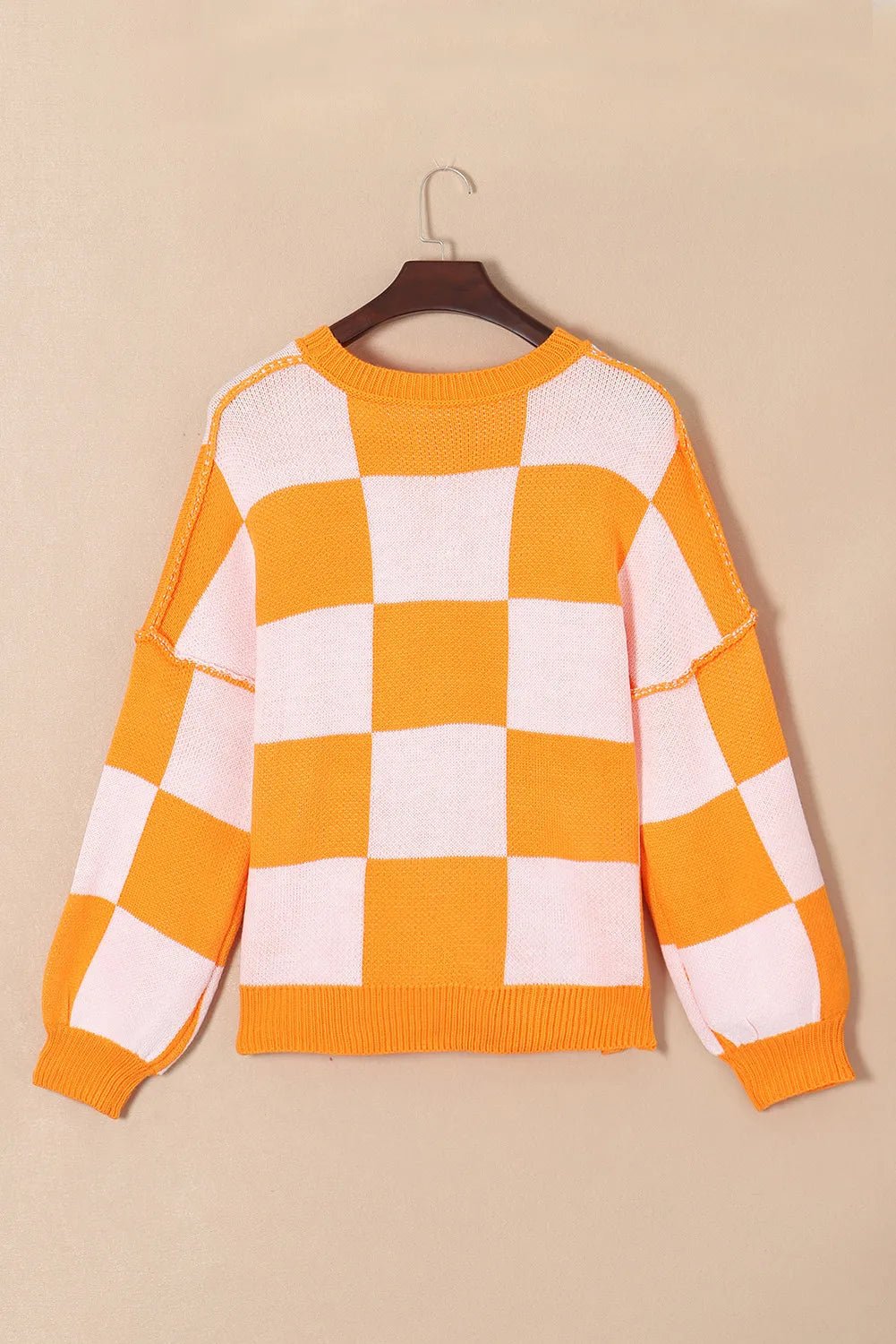 Pumpkin Checkered Round Neck Long Sleeve Sweater | Elegant Urban Tank Top – Machello