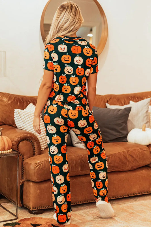 Pumpkin Printed Short Sleeve Top and Pants Lounge Set | Elegant Urban Tank Top – Machello