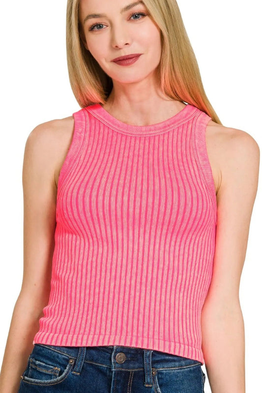 Ribbed Knit Cropped Tank Top – Bright Pink Sleeveless Style for Summer | Elegant Urban Tank Top – Machello