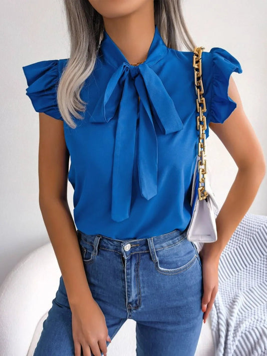 Ruffle Cap Sleeve Bow Tie Blouse | Elegant Urban Tank Top – Machello