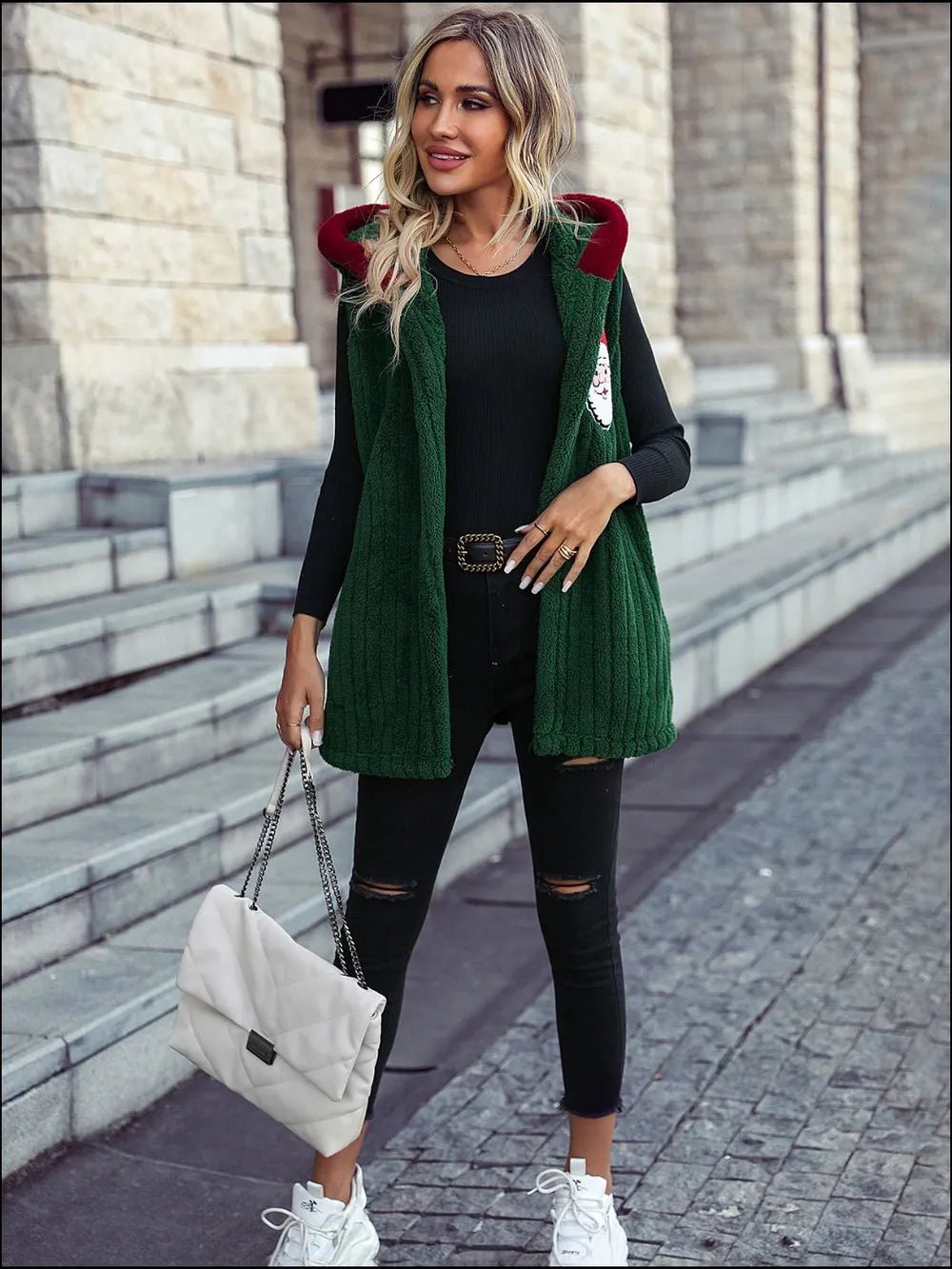 Santa Open Front Hooded Vest Coat – Festive & Cozy Outerwear | Elegant Urban Tank Top – Machello