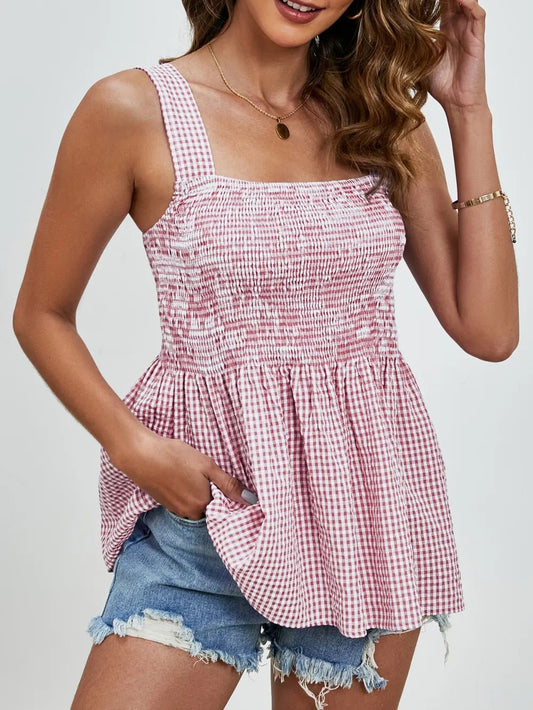 Smocked Plaid Square Neck Tank Top | Elegant Urban Tank Top – Machello
