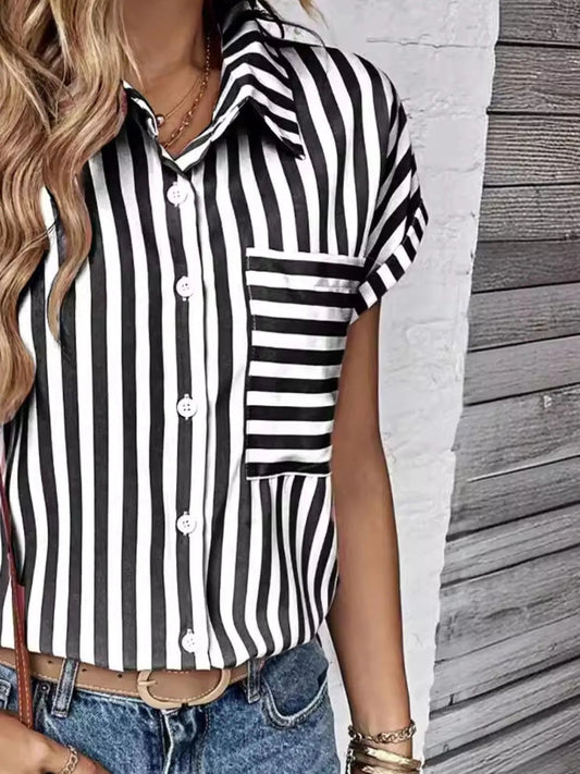 Striped Button - Up Short Sleeve Shirt with Pocket | Elegant Urban Tank Top – Machello