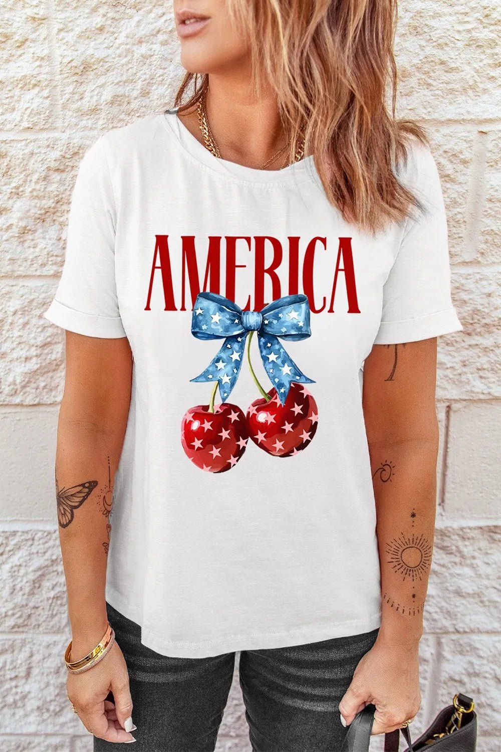 AMERICA Graphic T-Shirt with Cherry and Bow Print | Elegant Urban Tank Top – Machello