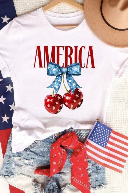 AMERICA Graphic T-Shirt with Cherry and Bow Print | Elegant Urban Tank Top – Machello