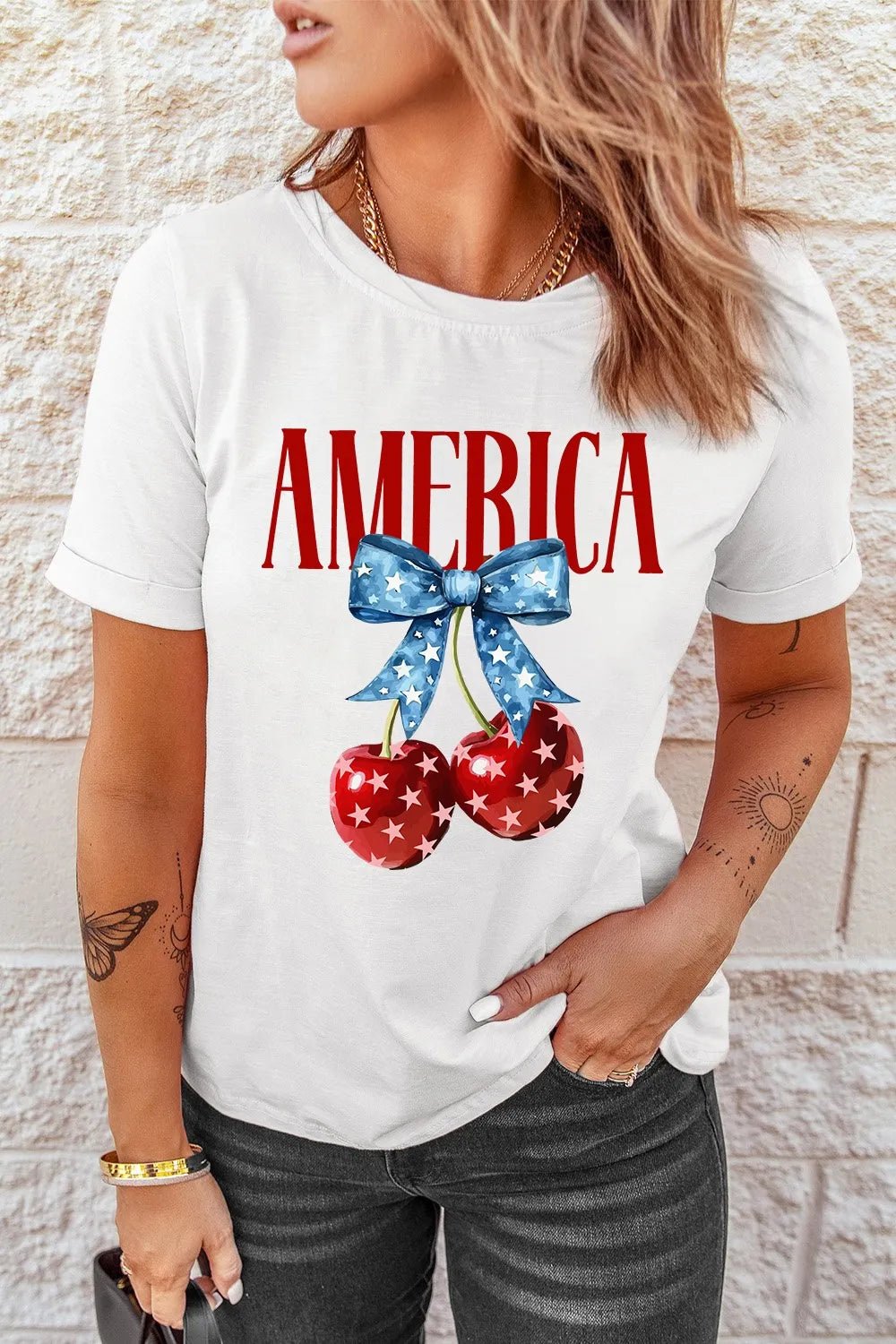 AMERICA Graphic T-Shirt with Cherry and Bow Print | Elegant Urban Tank Top – Machello