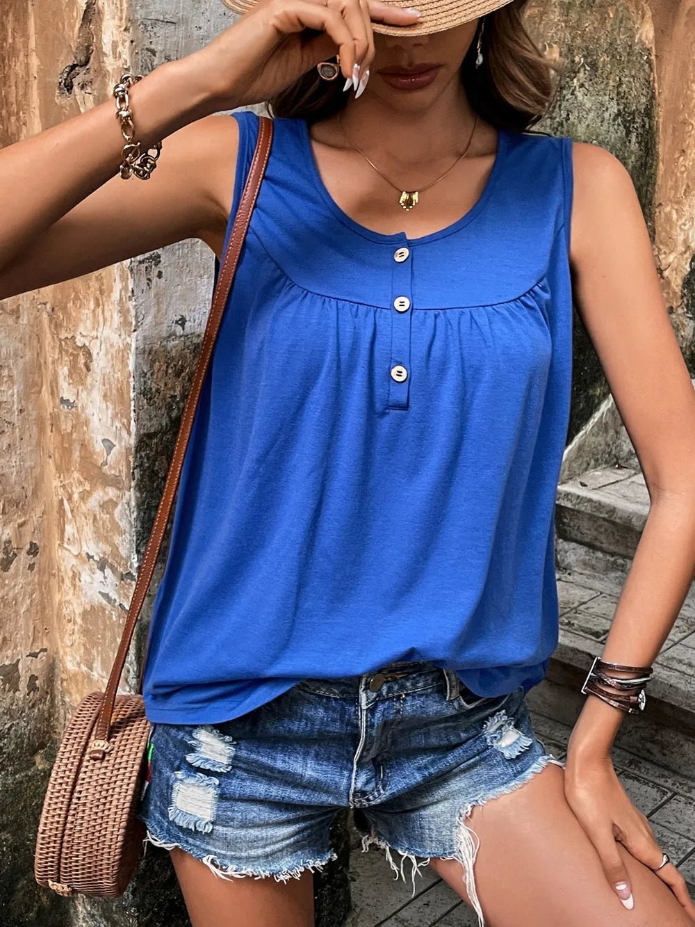 Button Detail Round Neck Tank – Ruched & Flattering Fit | Elegant Urban Tank Top – Machello