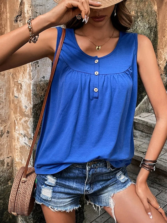 Button Detail Round Neck Tank – Ruched & Flattering Fit | Elegant Urban Tank Top – Machello