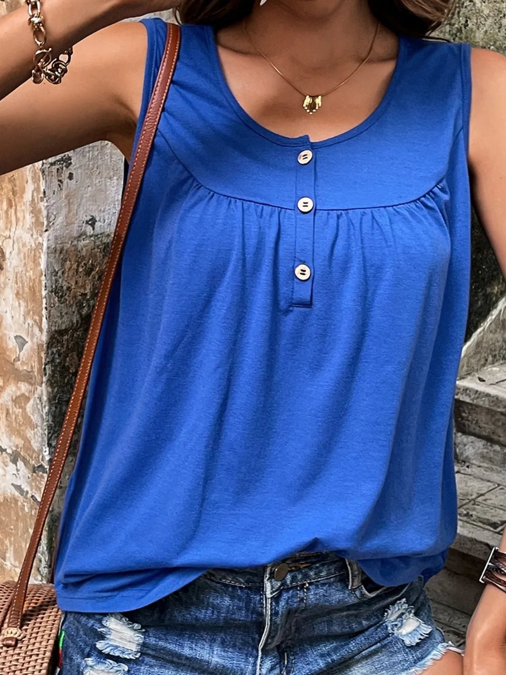 Button Detail Round Neck Tank – Ruched & Flattering Fit | Elegant Urban Tank Top – Machello