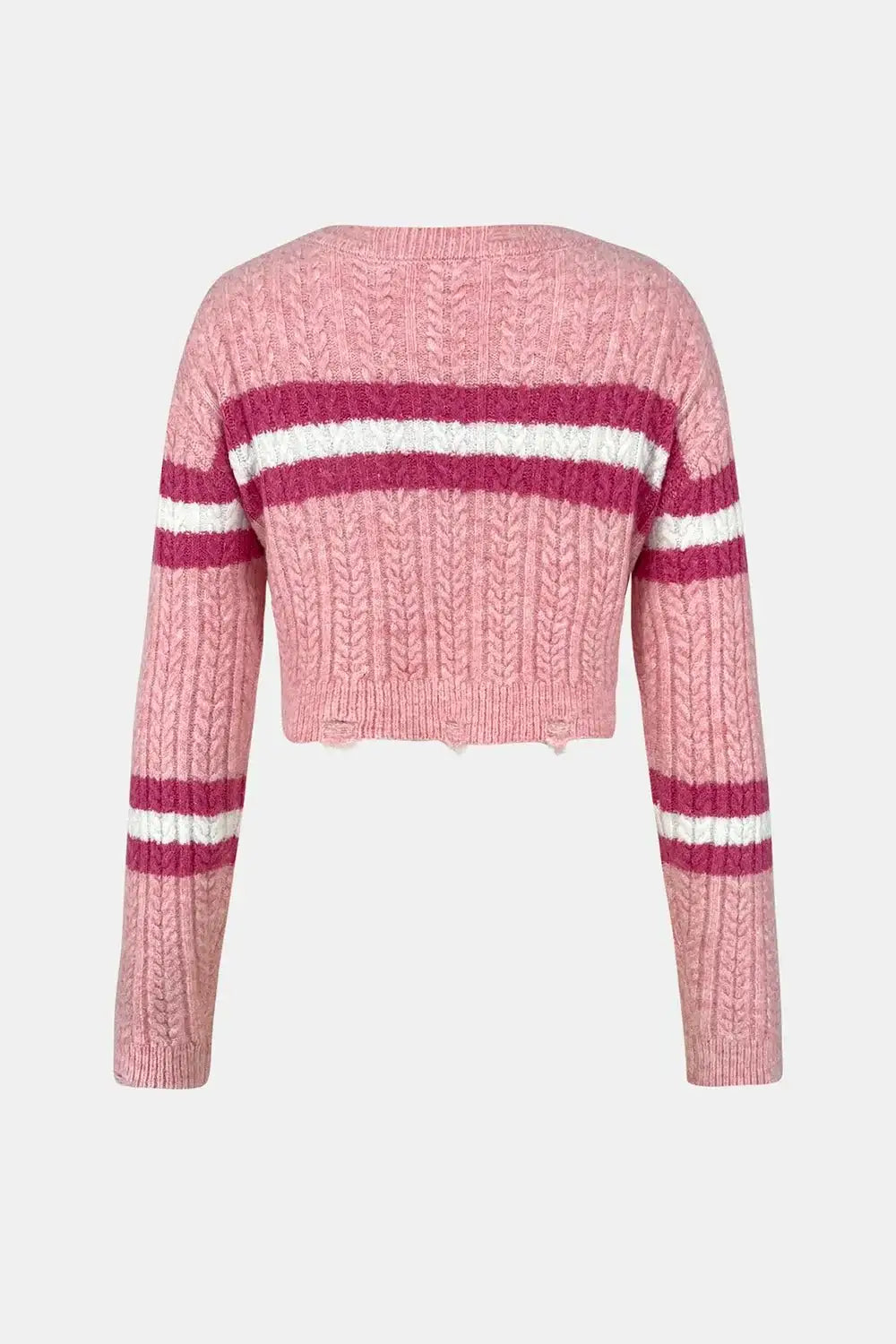 Back view of Cable-Knit Striped Dropped Shoulder Sweater in pink with white stripes, showcasing its cropped design and knitting texture.