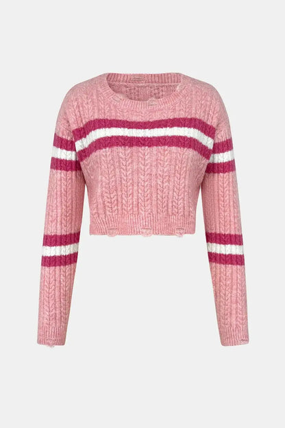 Cable-Knit Striped Dropped Shoulder Sweater in pink with white and red stripes, featuring a cropped design and long sleeves.