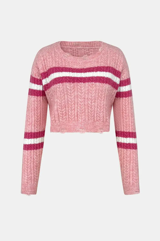 Cable-Knit Striped Dropped Shoulder Sweater in pink with white and red stripes, featuring a cropped design and long sleeves.