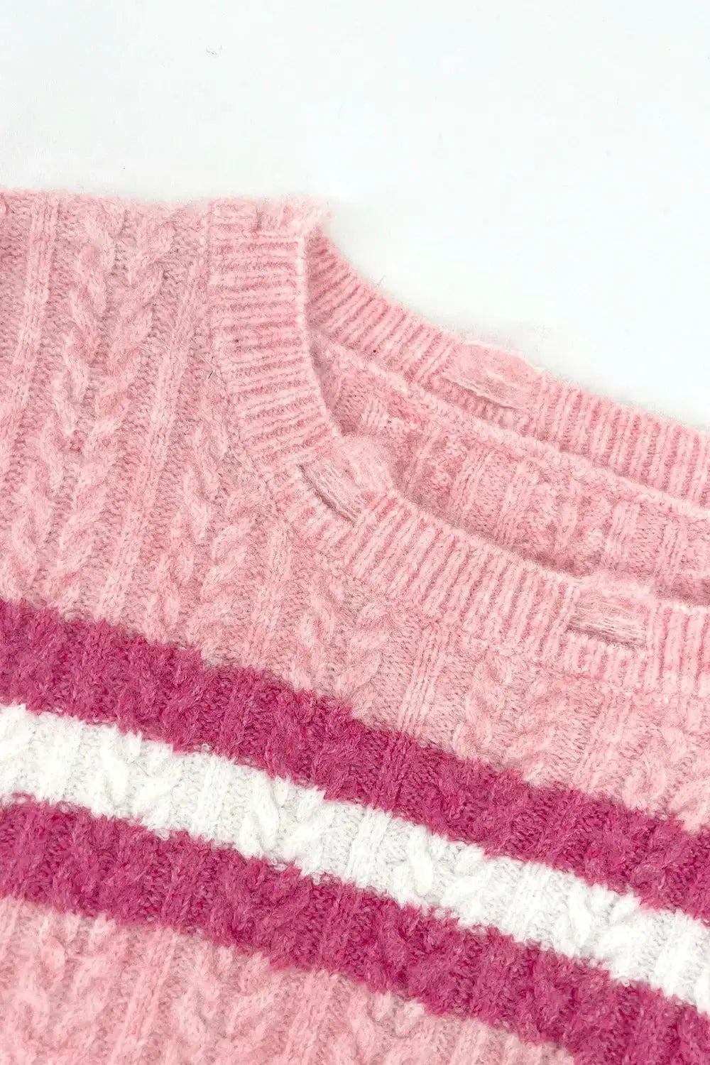 Cable-Knit Striped Dropped Shoulder Sweater in pink with white and dark pink stripes, featuring a cozy cable-knit design.
