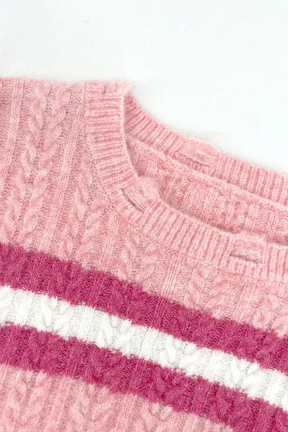 Cable-Knit Striped Dropped Shoulder Sweater in pink with white and dark pink stripes, featuring a cozy cable-knit design.