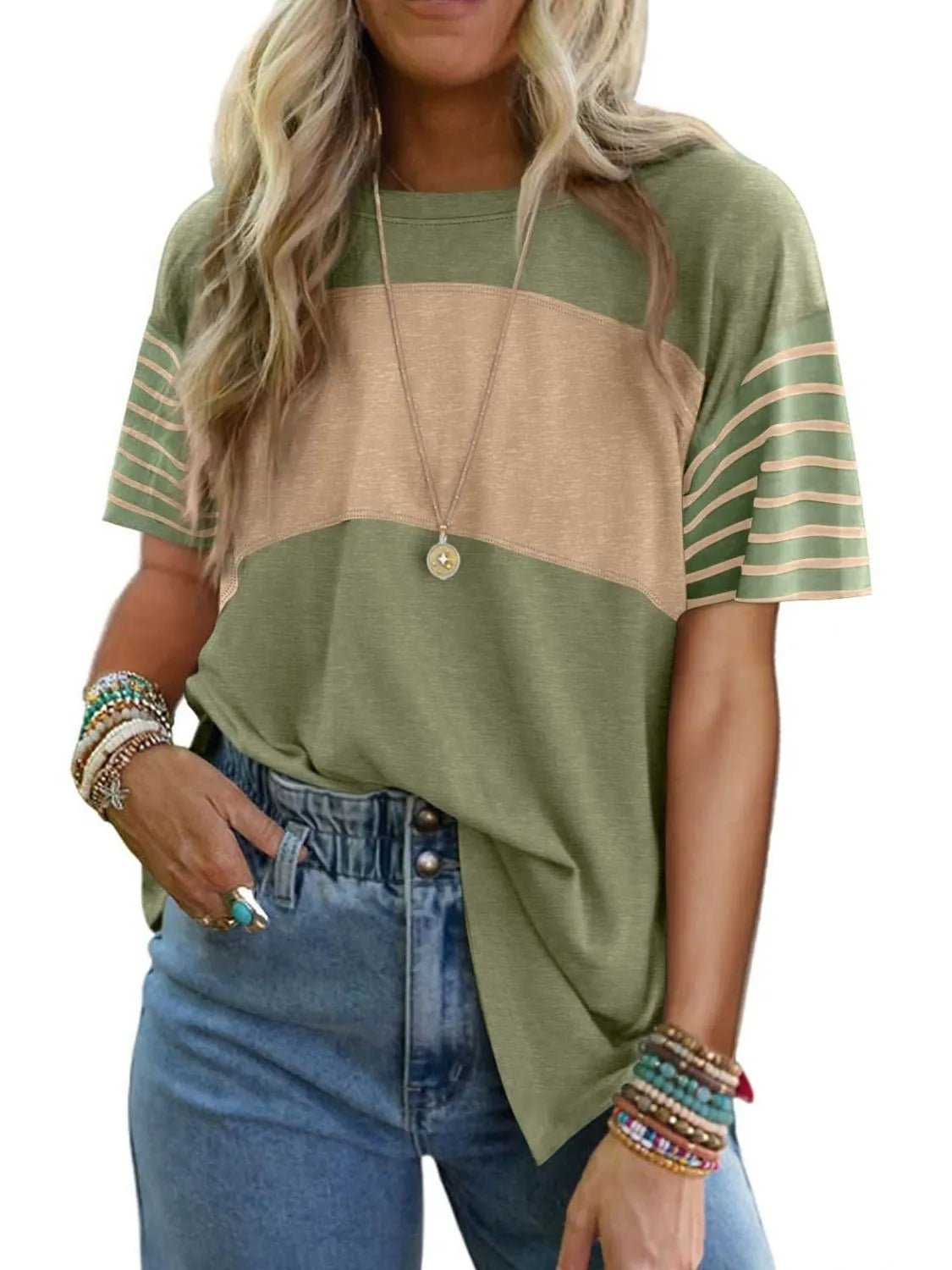 Casual Color Block Tee with Contrast Stripe Sleeves | Elegant Urban Tank Top – Machello