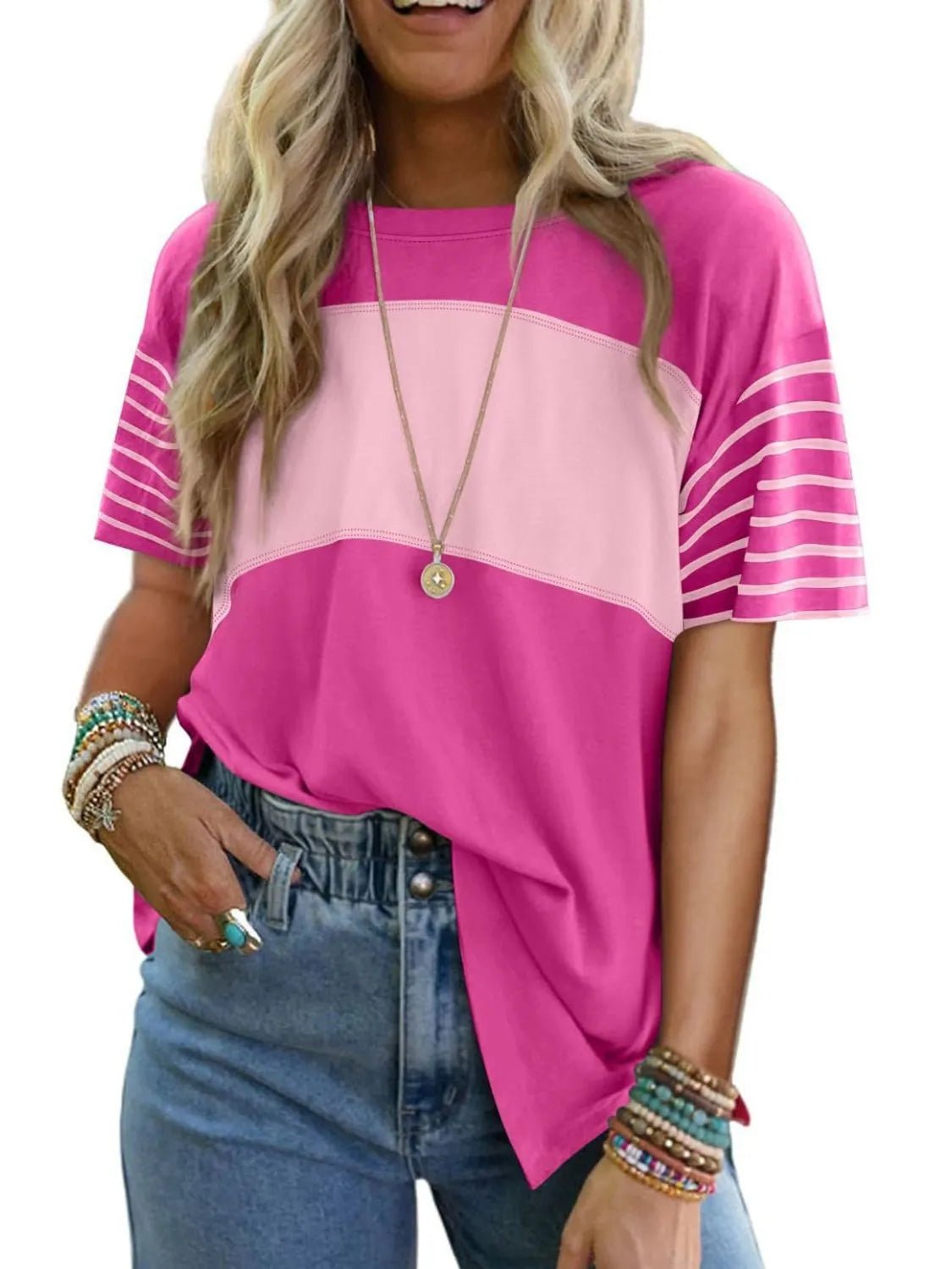 Casual Color Block Tee with Contrast Stripe Sleeves | Elegant Urban Tank Top – Machello