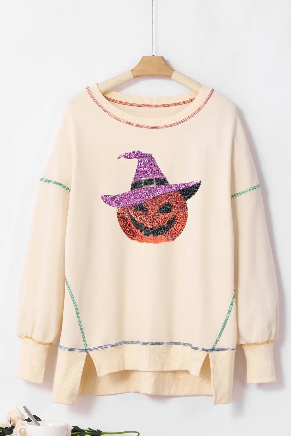 Contrast Stitching Sequin Pumpkin Round Neck Long Sleeve Sweatshirt | Elegant Urban Tank Top – Machello