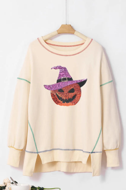 Contrast Stitching Sequin Pumpkin Round Neck Long Sleeve Sweatshirt | Elegant Urban Tank Top – Machello