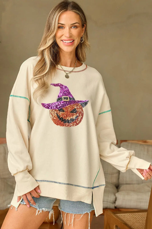 Contrast Stitching Sequin Pumpkin Round Neck Long Sleeve Sweatshirt | Elegant Urban Tank Top – Machello