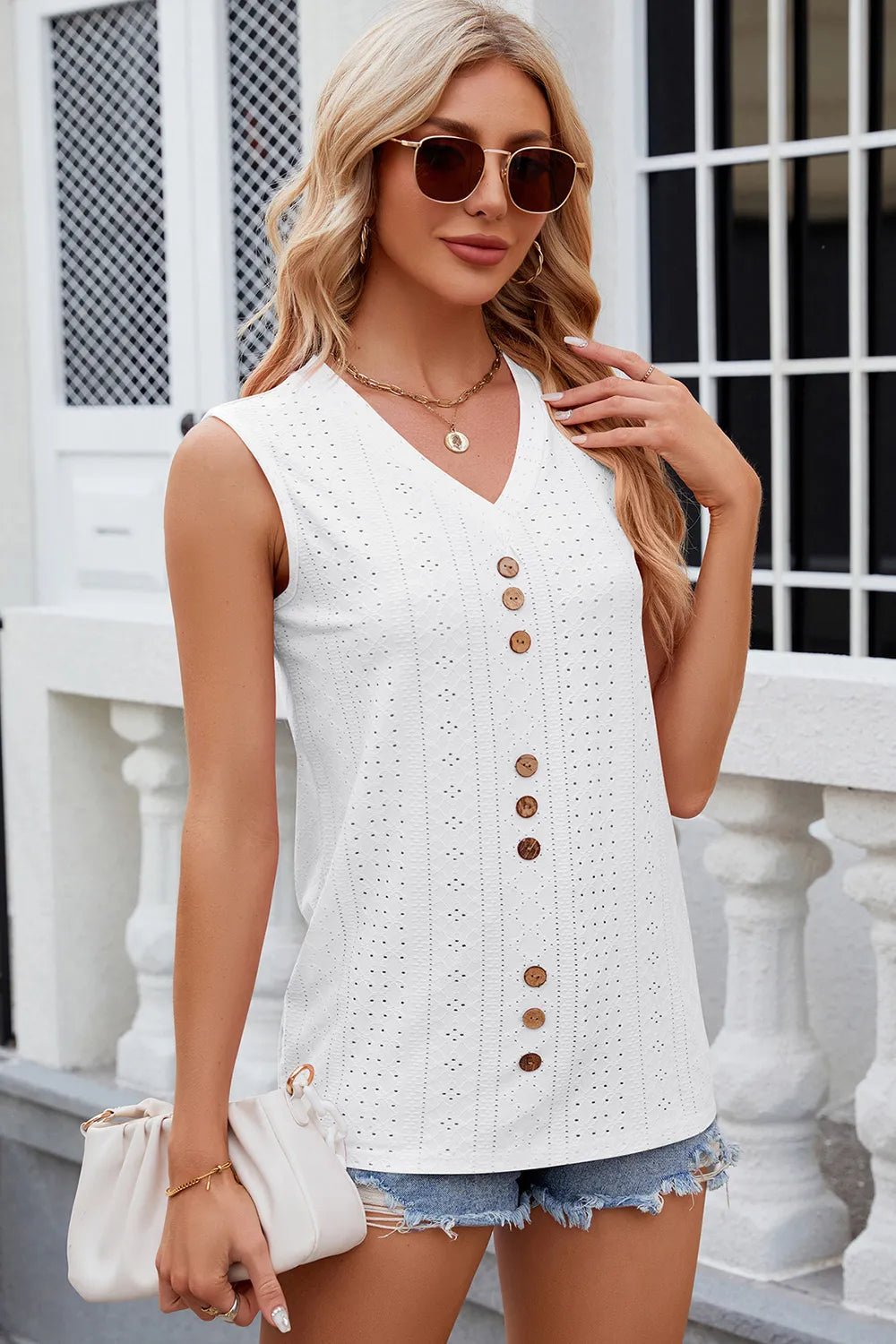 Decorative Button Eyelet V - Neck Tank | Elegant Urban Tank Top – Machello