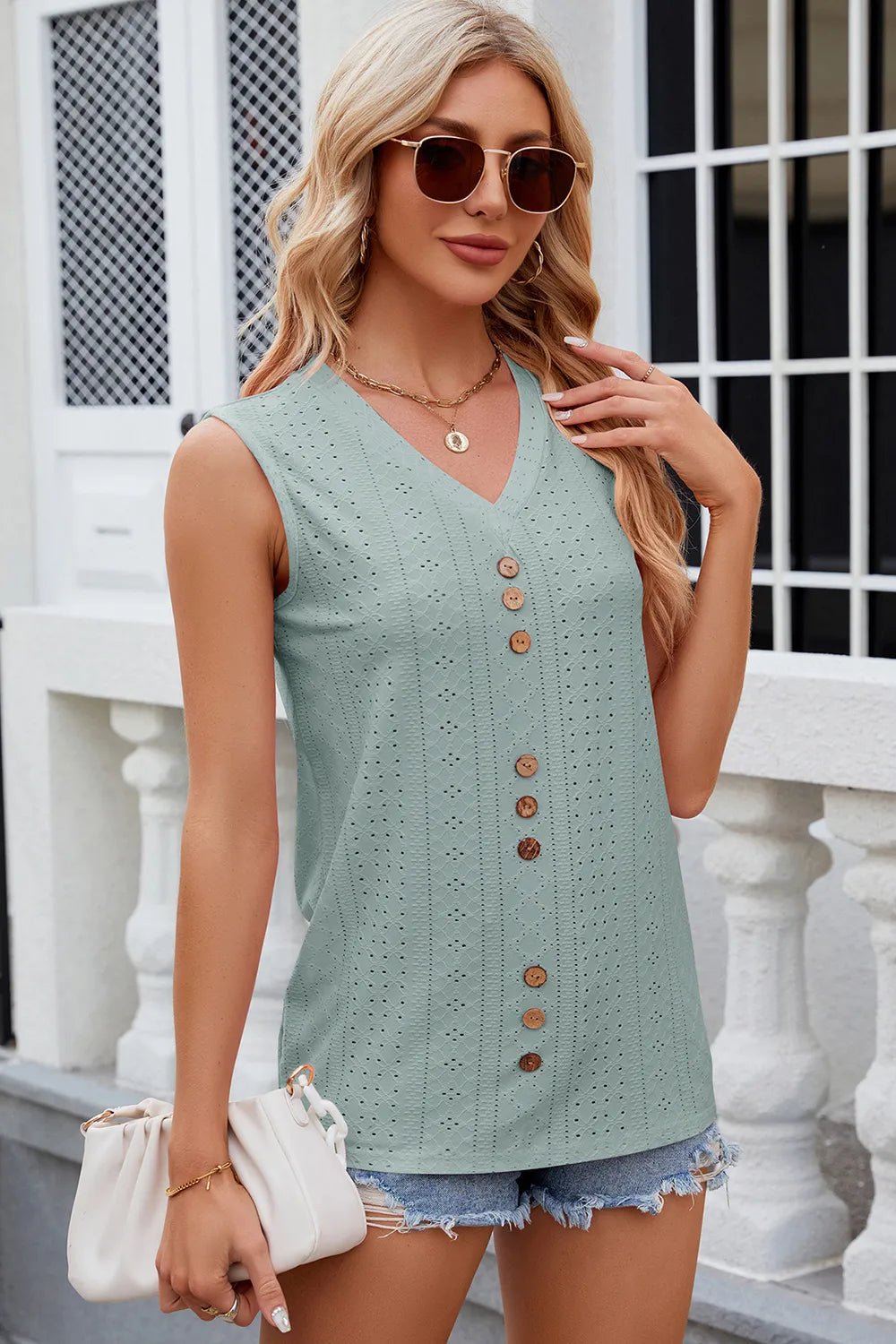 Decorative Button Eyelet V - Neck Tank | Elegant Urban Tank Top – Machello