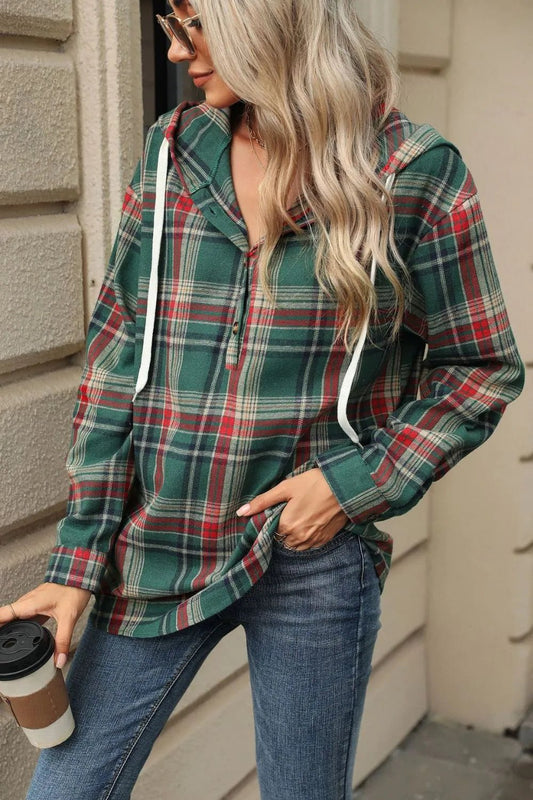 Drawstring Plaid Hooded Long Sleeve Top – Casual & Cozy Style | Elegant Urban Tank Top – Machello