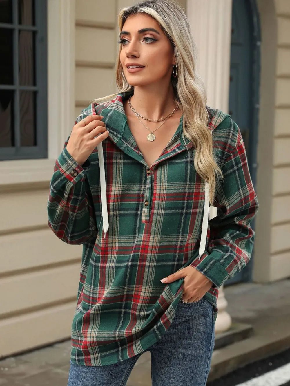 Drawstring Plaid Hooded Long Sleeve Top – Casual & Cozy Style | Elegant Urban Tank Top – Machello