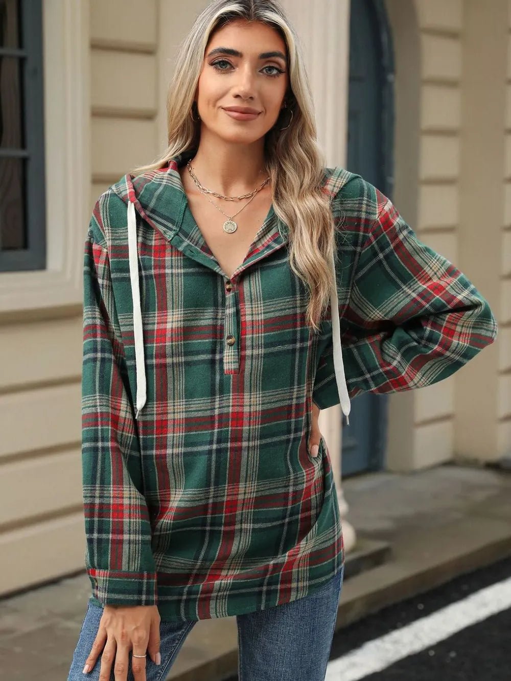 Drawstring Plaid Hooded Long Sleeve Top – Casual & Cozy Style | Elegant Urban Tank Top – Machello