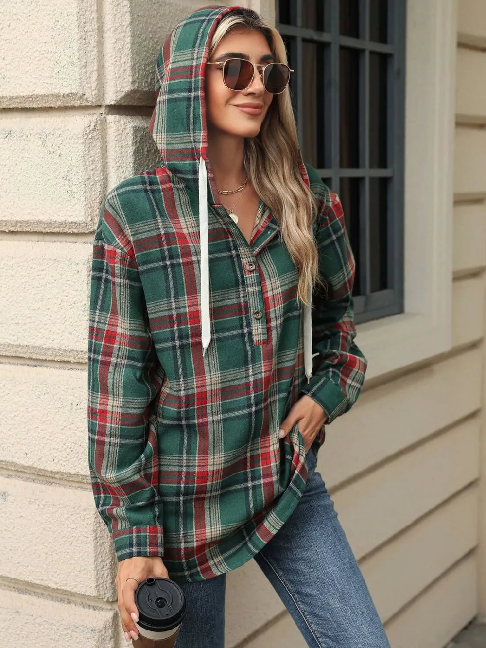 Drawstring Plaid Hooded Long Sleeve Top – Casual & Cozy Style | Elegant Urban Tank Top – Machello