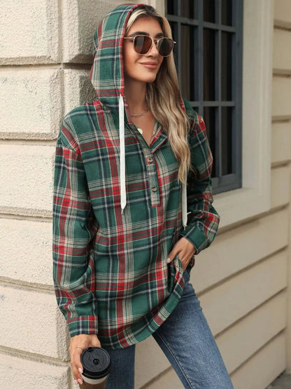 Drawstring Plaid Hooded Long Sleeve Top – Casual & Cozy Style | Elegant Urban Tank Top – Machello
