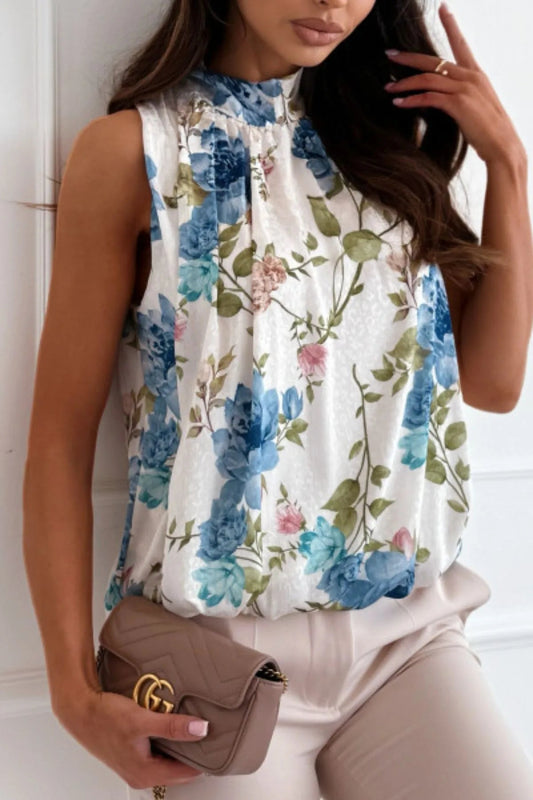 Floral Mock Neck Sleeveless Blouse – Elegant Tie Detail, No Stretch | Elegant Urban Tank Top – Machello
