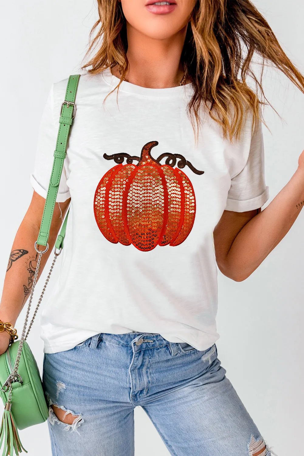 Full Size Sequin Pumpkin Round Neck Short Sleeve T-Shirt | Elegant Urban Tank Top – Machello
