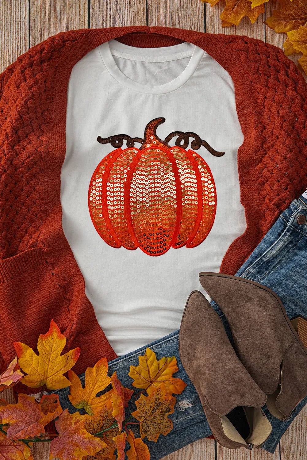 Full Size Sequin Pumpkin Round Neck Short Sleeve T-Shirt | Elegant Urban Tank Top – Machello