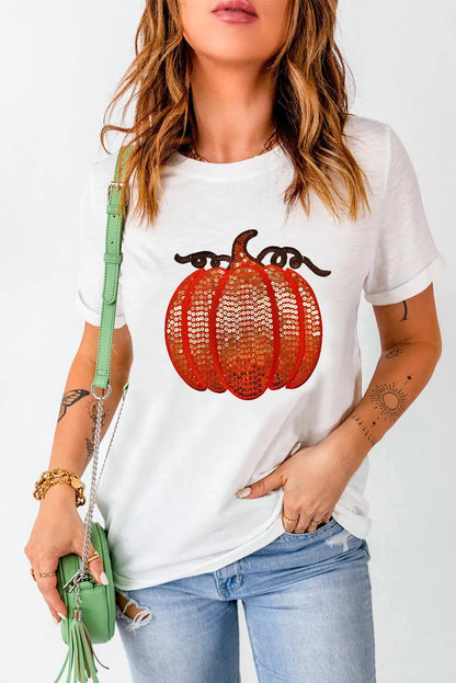 Full Size Sequin Pumpkin Round Neck Short Sleeve T-Shirt | Elegant Urban Tank Top – Machello