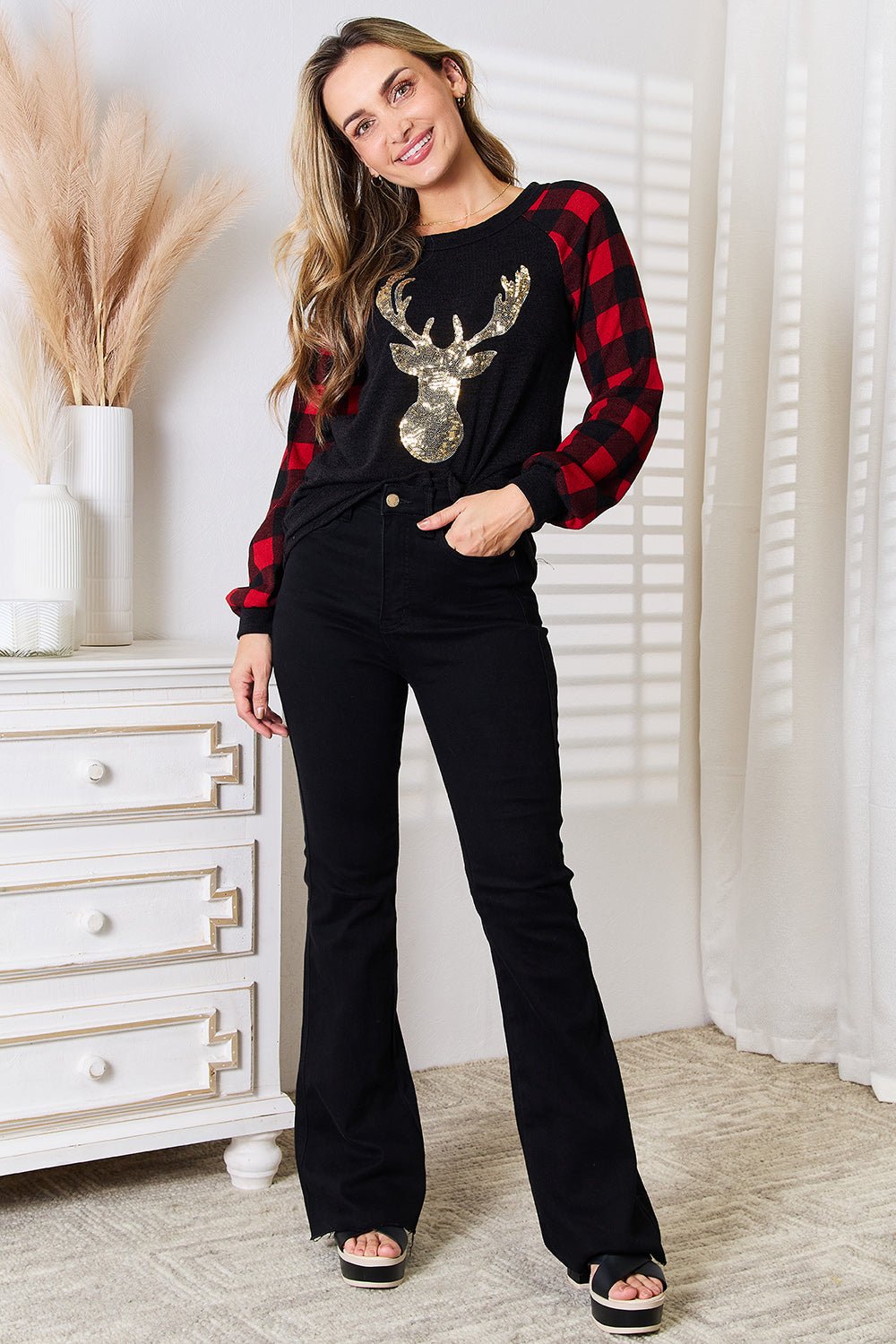 Heimish Full Size Sequin Reindeer Graphic Plaid Top – Festive & Sparkly | Elegant Urban Tank Top – Machello