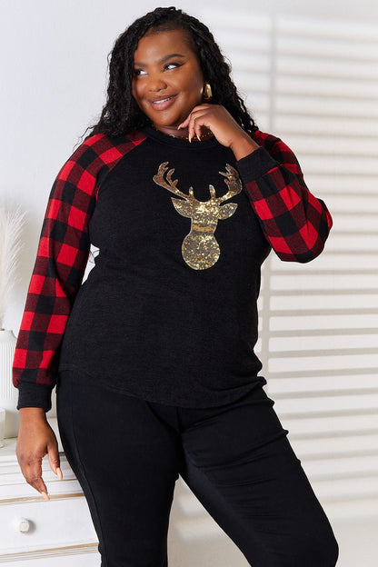 Heimish Full Size Sequin Reindeer Graphic Plaid Top – Festive & Sparkly | Elegant Urban Tank Top – Machello
