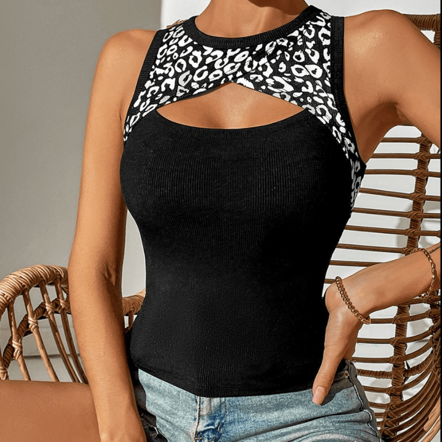 Ivy Lane Leopard Print Cutout Tank Top – Sleeveless, Round Neck, Stretchy Casual Fit | Elegant Urban Tank Top – Machello
