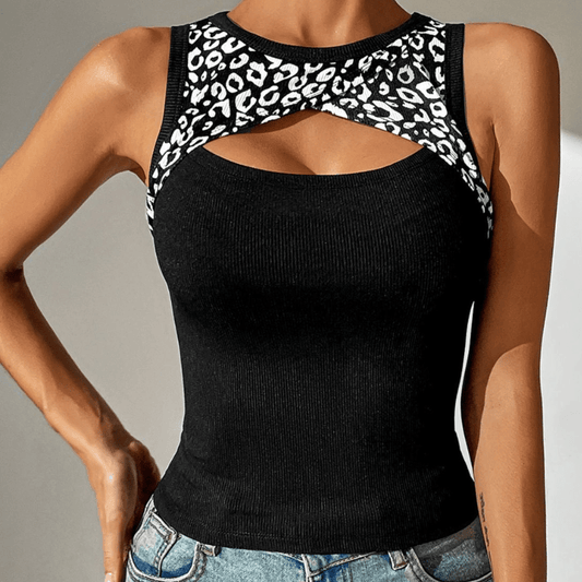 Ivy Lane Leopard Print Cutout Tank Top – Sleeveless, Round Neck, Stretchy Casual Fit | Elegant Urban Tank Top – Machello