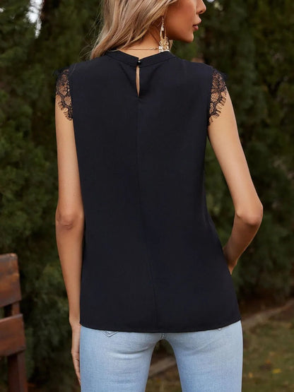 Lace Detail Ruched Round Neck Tank – Feminine & Flattering | Elegant Urban Tank Top – Machello