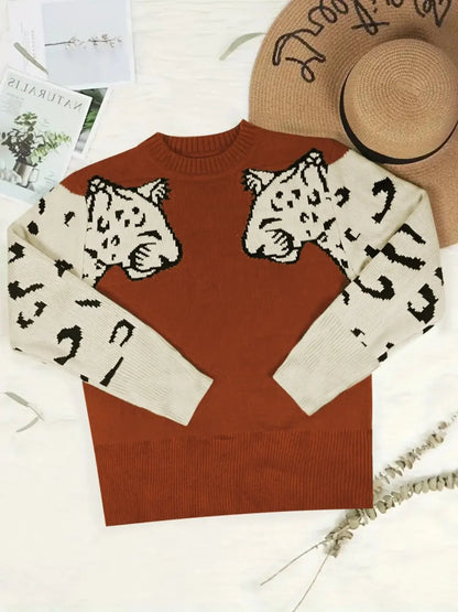 Leopard Print Crew Neck Sweater featuring trendy leopard design, comfortable fit, and classic round neckline, perfect for stylish outfits.