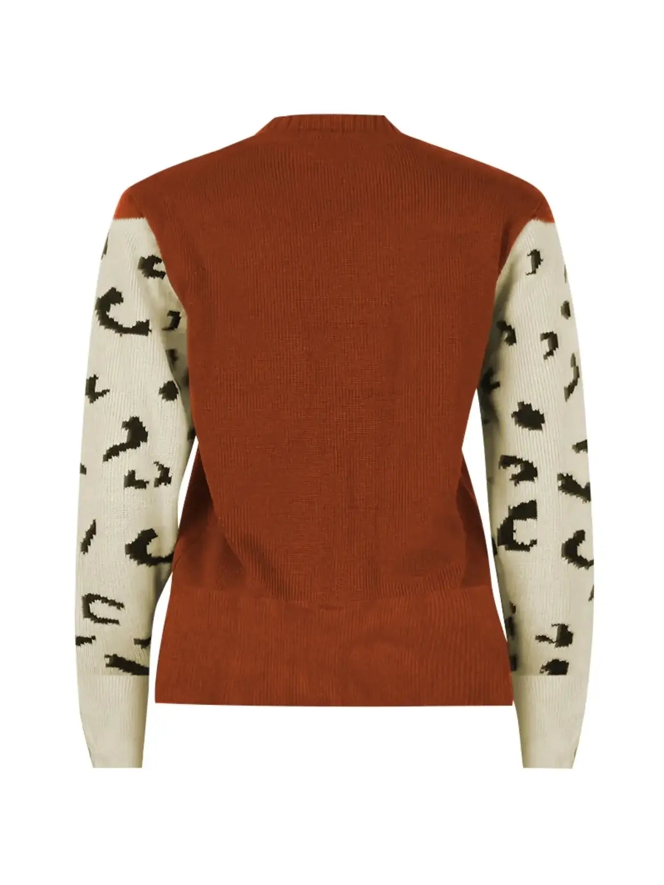 Leopard Print Crew Neck Sweater featuring a stylish back view and comfortable fit, perfect for women's fashionable wardrobe.