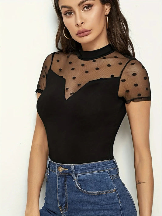 Mock Neck Mesh Top with Polka Dot Design | Elegant Urban Tank Top – Machello
