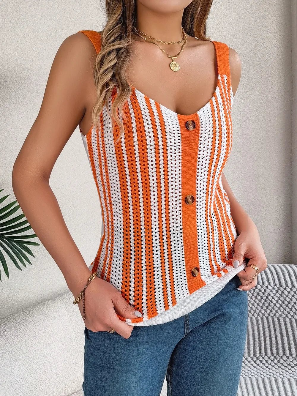 Openwork Striped V - Neck Tank | Elegant Urban Tank Top – Machello
