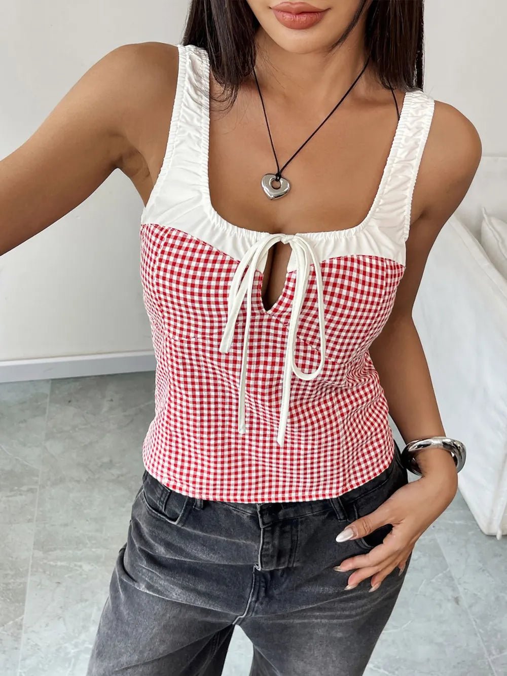 Perfee Contrast Plaid Square Neck Tank | Elegant Urban Tank Top – Machello